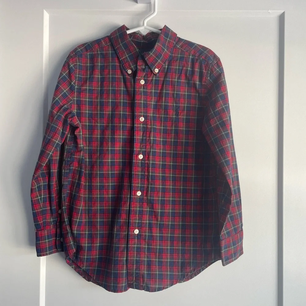RALPH LAUREN Boys Dress Button Down Shirt - size 6 red blue plaid